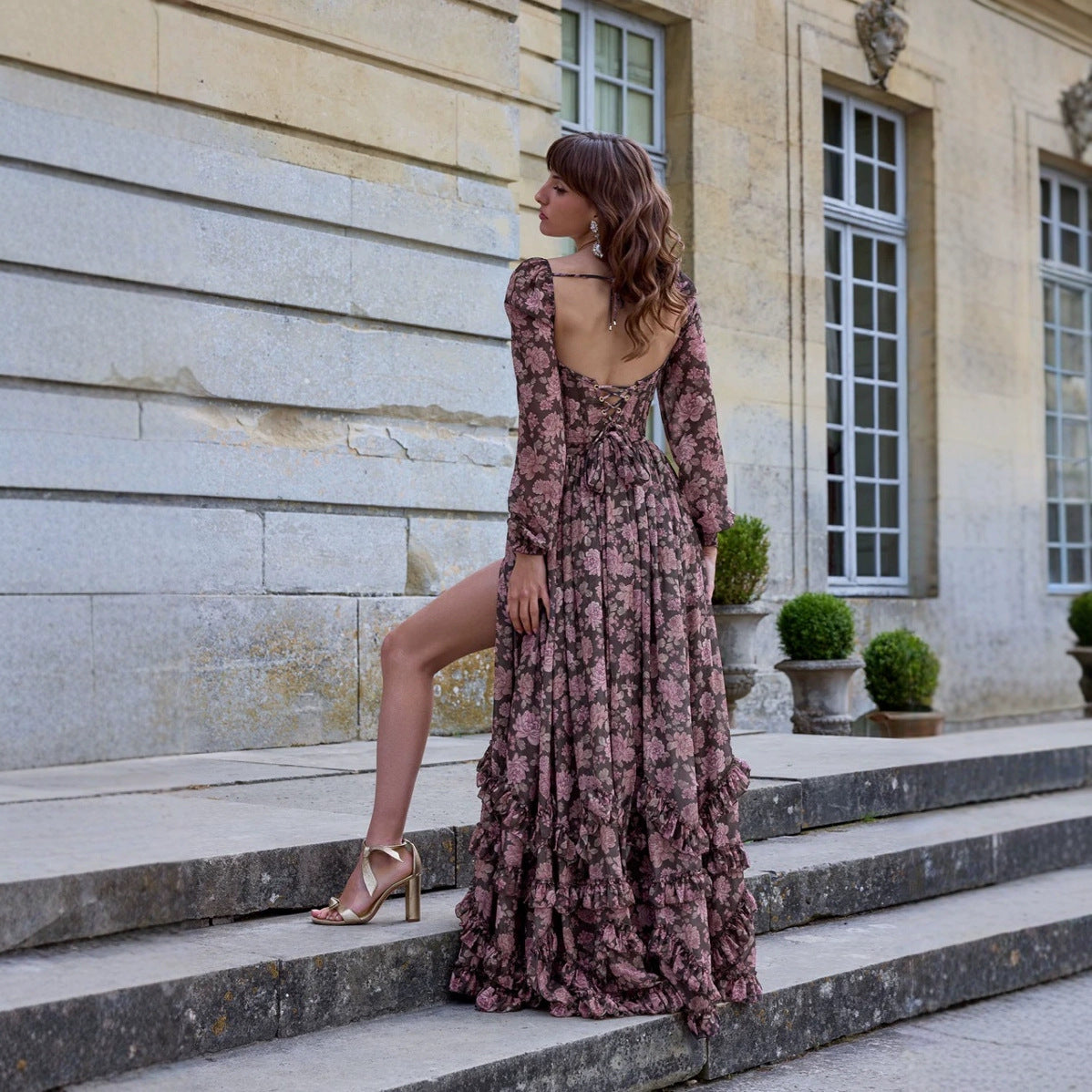 Romantic Floral V-neck Single Breasted Waist-tight Display Long Sleeve Dress