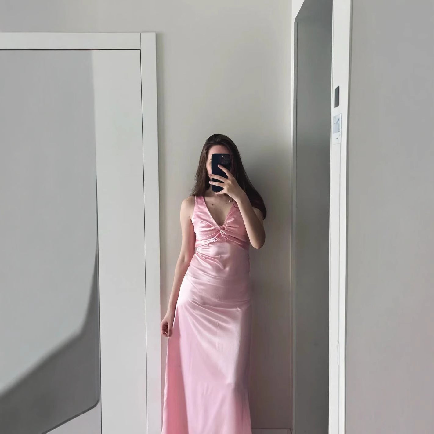 Fashion Sexy V-neck Lace Up Backless Maxi Dress Slim Fit Satin Dress