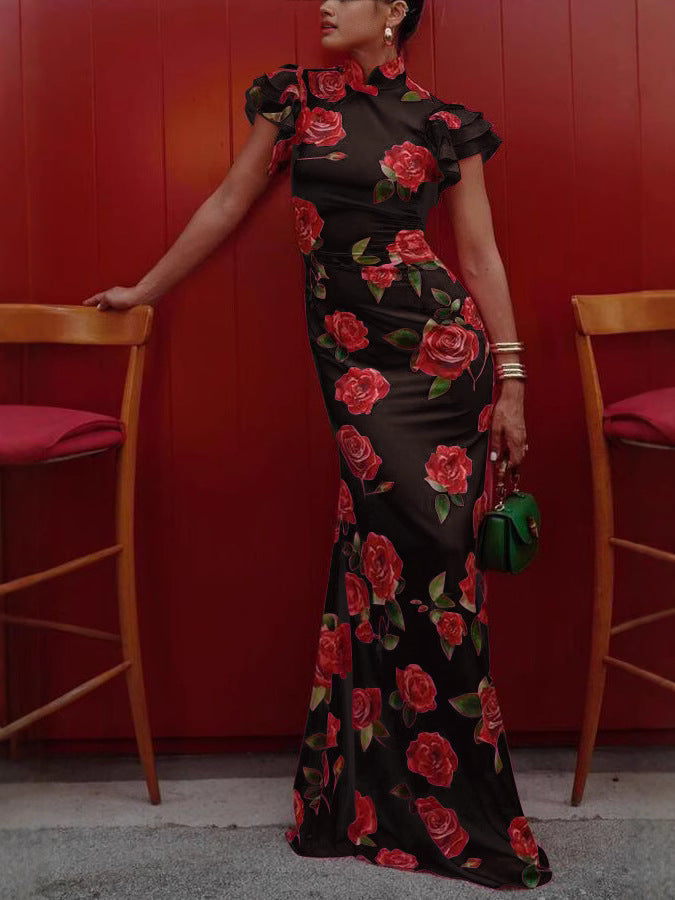 European And American Sleeveless Casual Printed Dress New Chinese Cheongsam