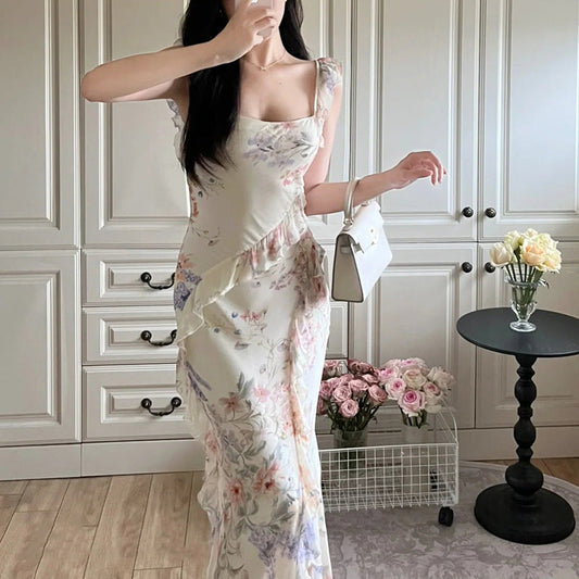 French Ruffled Square Collar Floral Backless Sling Dress