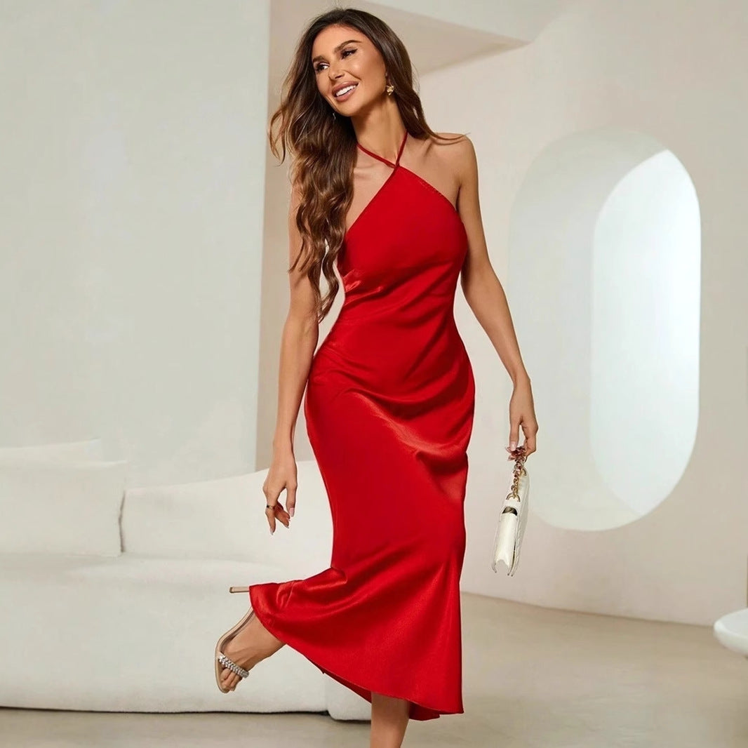 Women's Solid Color Casual Satin Strap Dress