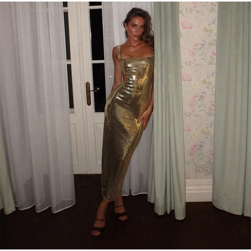 Personality Street Sequined Square Collar Sling Party Dress