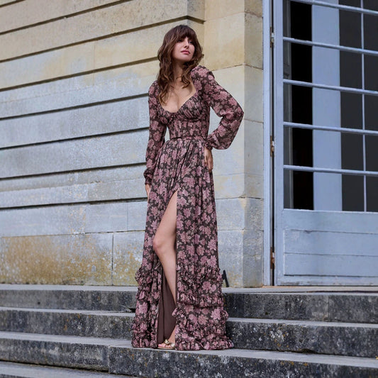 Romantic Floral V-neck Single Breasted Waist-tight Display Long Sleeve Dress