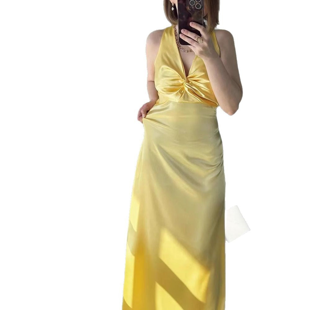 Fashion Sexy V-neck Lace Up Backless Maxi Dress Slim Fit Satin Dress