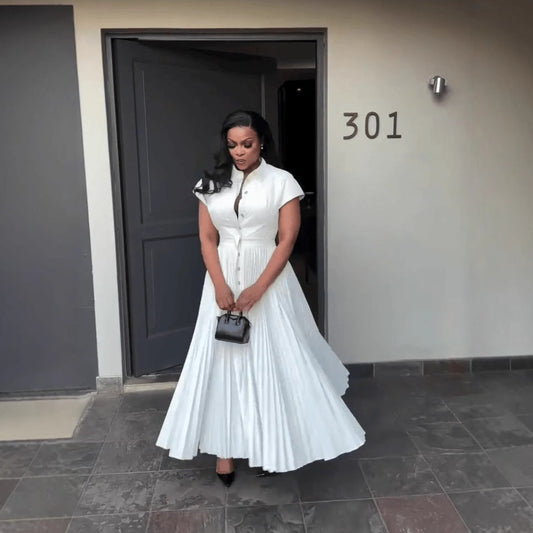 Women's Short Sleeve High Waist Pleated A- Line Dress