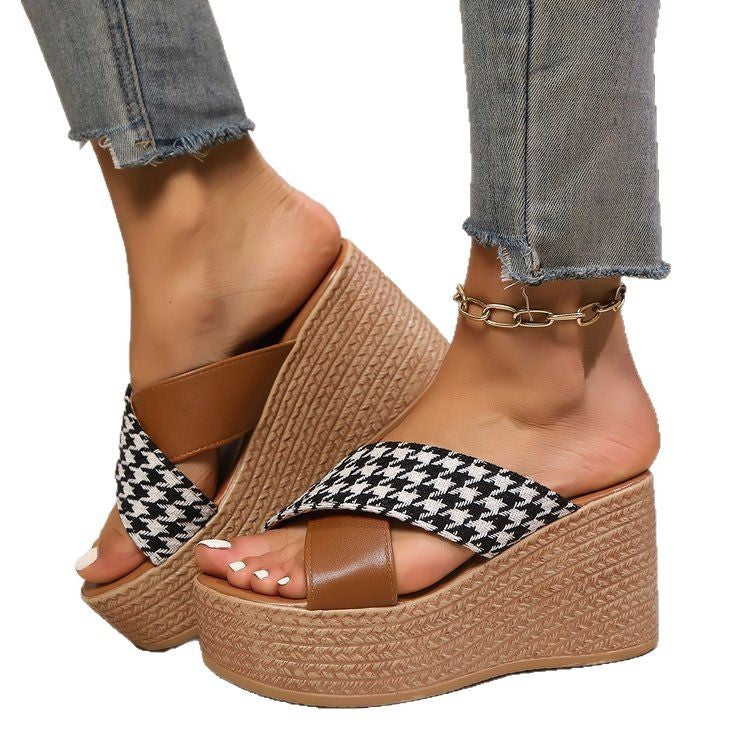 Cross Leopard Plaid Wedge Sandals