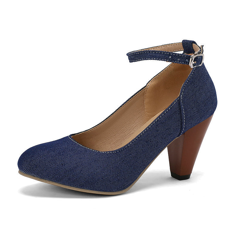 Denim Fabric Women's High Heel Buckle Waterproof Platform