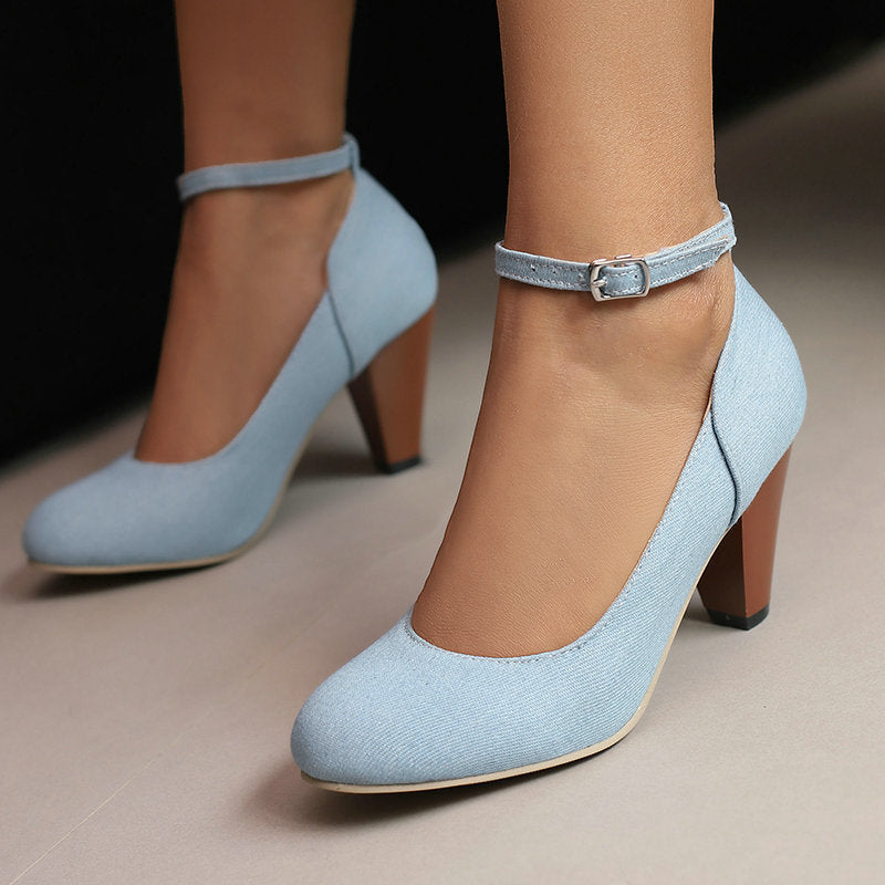 Denim Fabric Women's High Heel Buckle Waterproof Platform