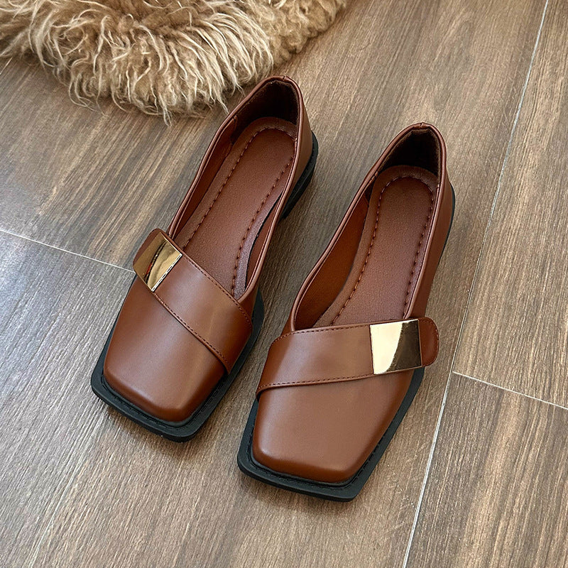 Metal Buckle Square Head Women's Flat-heeled Shoes