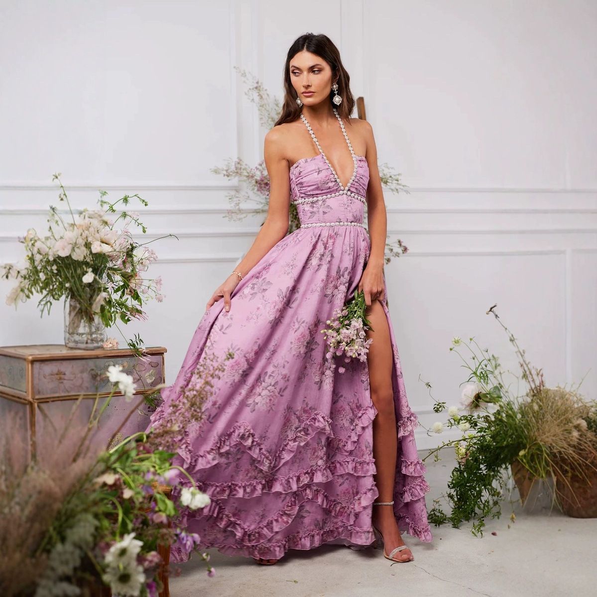 Elegant Graceful Printed Slim-fit Expansion Skirt For Vacation Suspender Dress