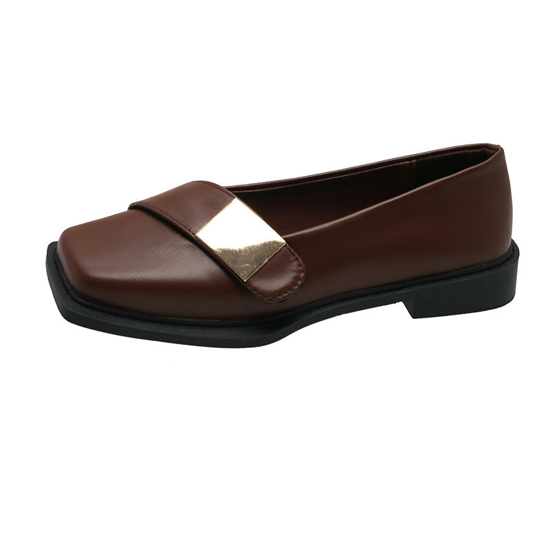 Metal Buckle Square Head Women's Flat-heeled Shoes