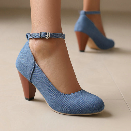 Denim Fabric Women's High Heel Buckle Waterproof Platform