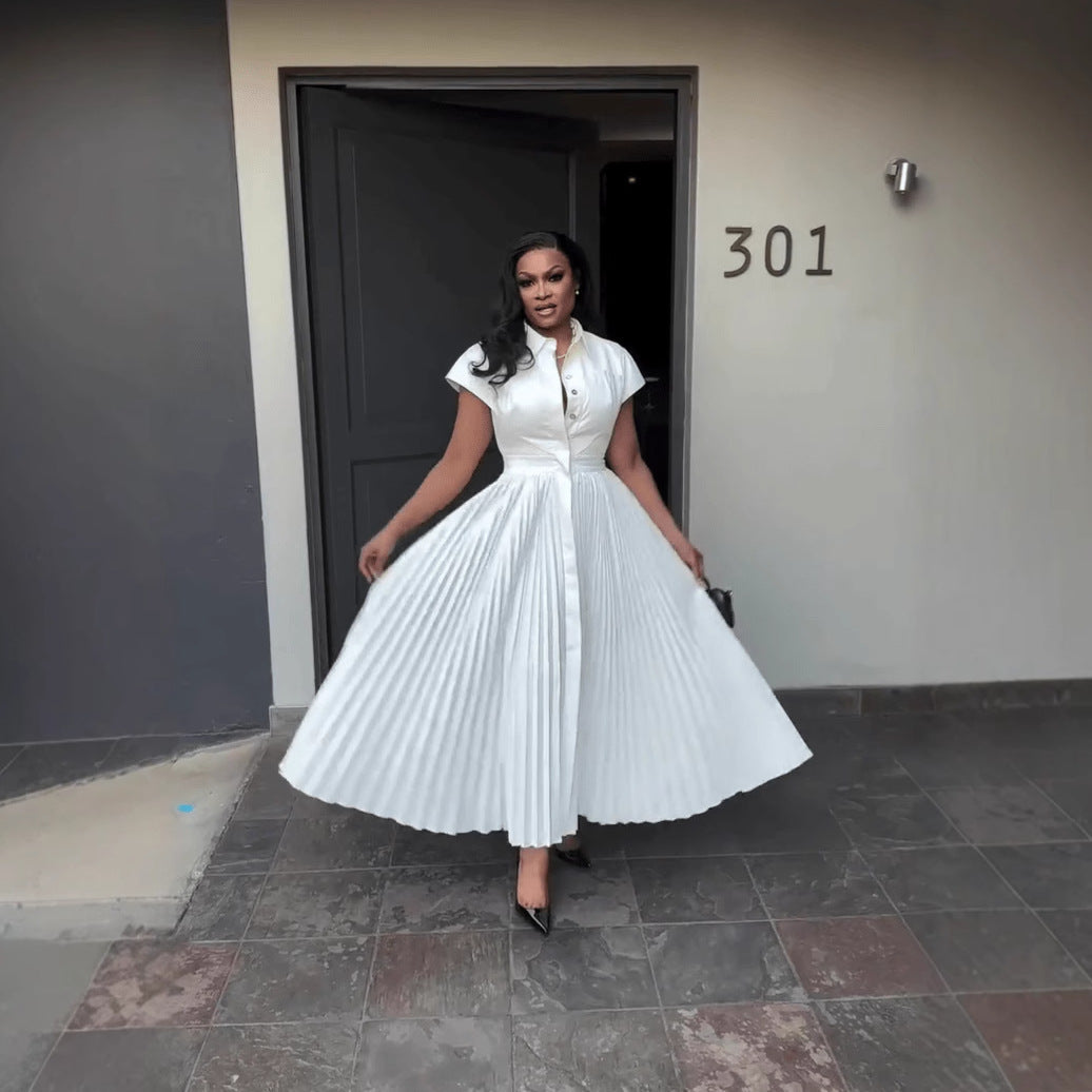 Women's Short Sleeve High Waist Pleated A- Line Dress