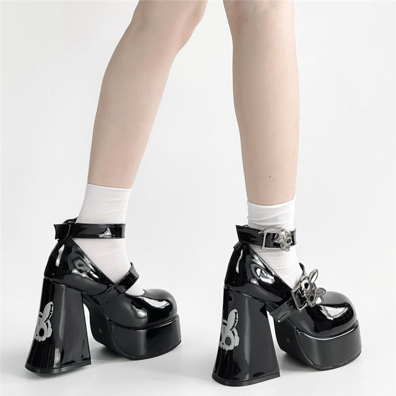 Light Luxury High Heels Women's Nude White Chunky Heel Mary Jane Shoes