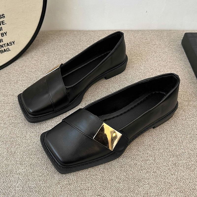 Metal Buckle Square Head Women's Flat-heeled Shoes