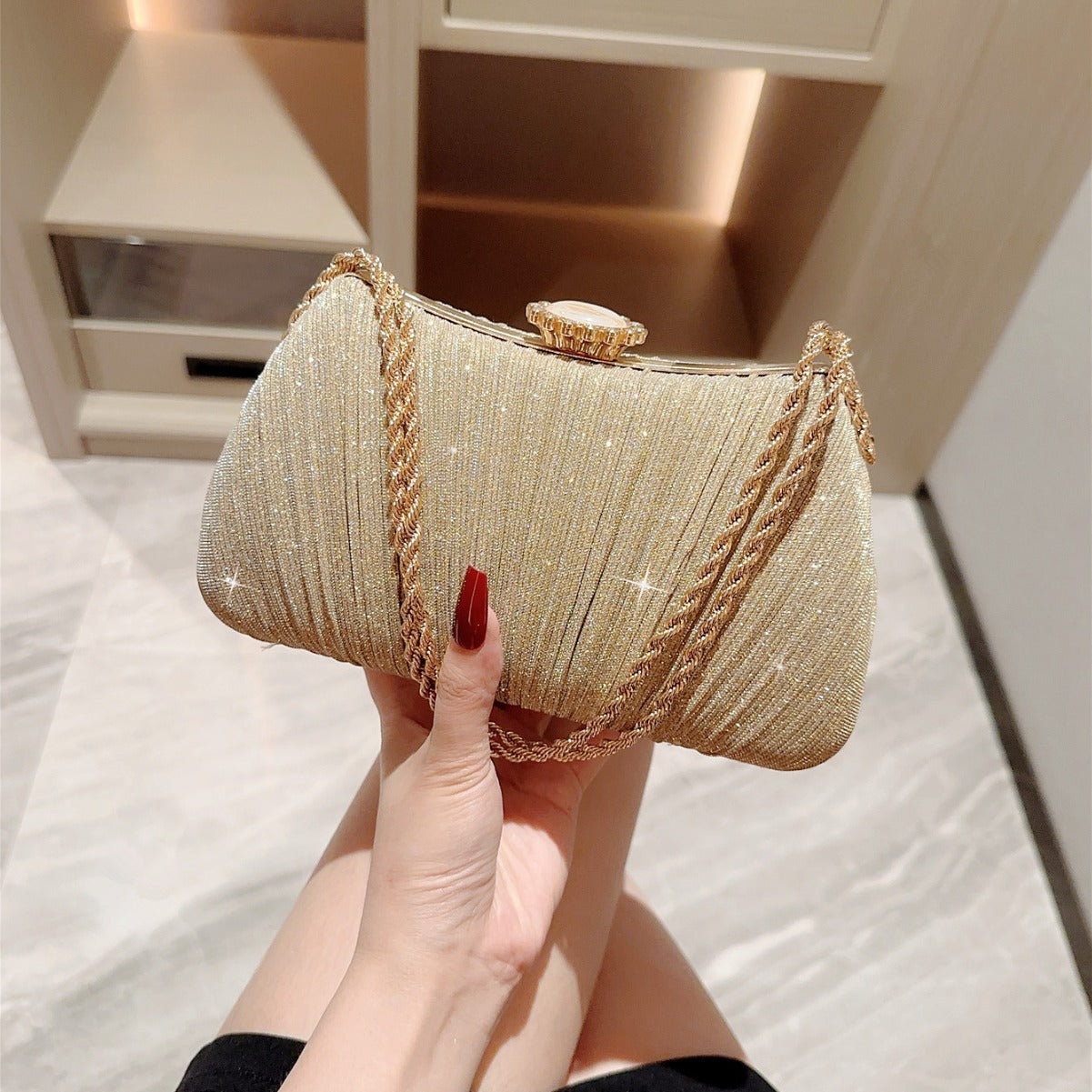 Shiny Pleated Evening Party Dress One Shoulder Prom Bag