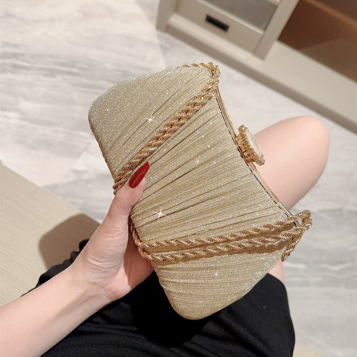 Shiny Pleated Evening Party Dress One Shoulder Prom Bag