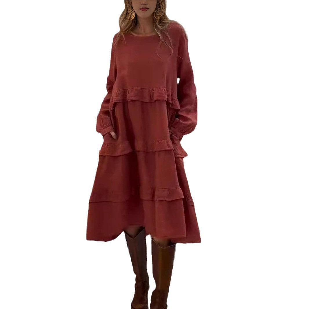 Women's Long Sleeve Patchwork Round Neck Ruffles Dress