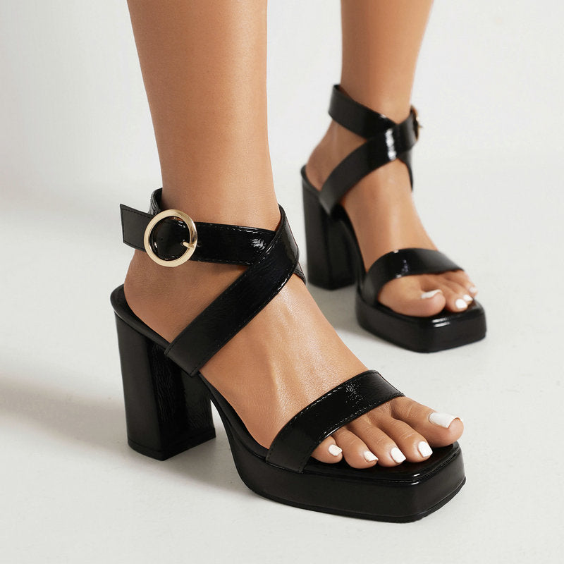 Square Toe Cross Buckle Strap Thick Bottom Chunky Heel Super High Heels