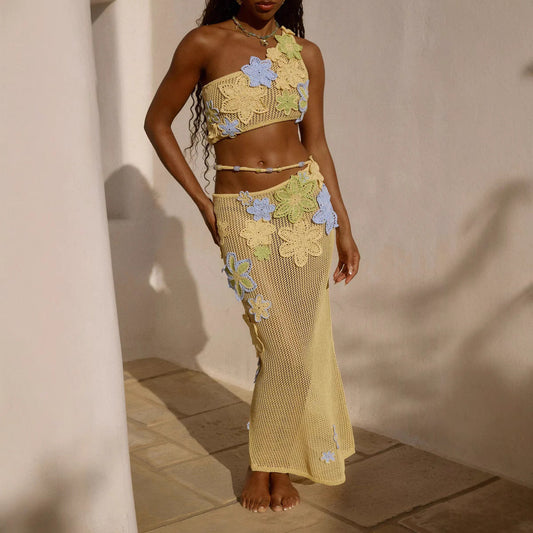 Three-dimensional Flower Lace-up Beads Off-shoulder Design Decoration See-through Suit