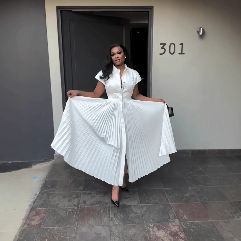 Women's Short Sleeve High Waist Pleated A- Line Dress