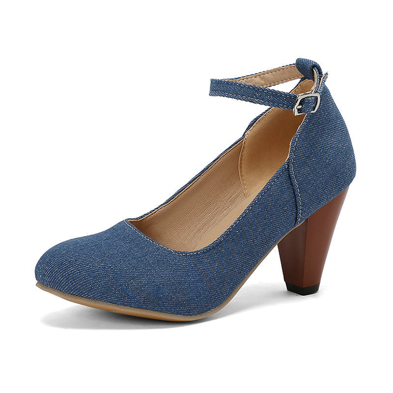 Denim Fabric Women's High Heel Buckle Waterproof Platform