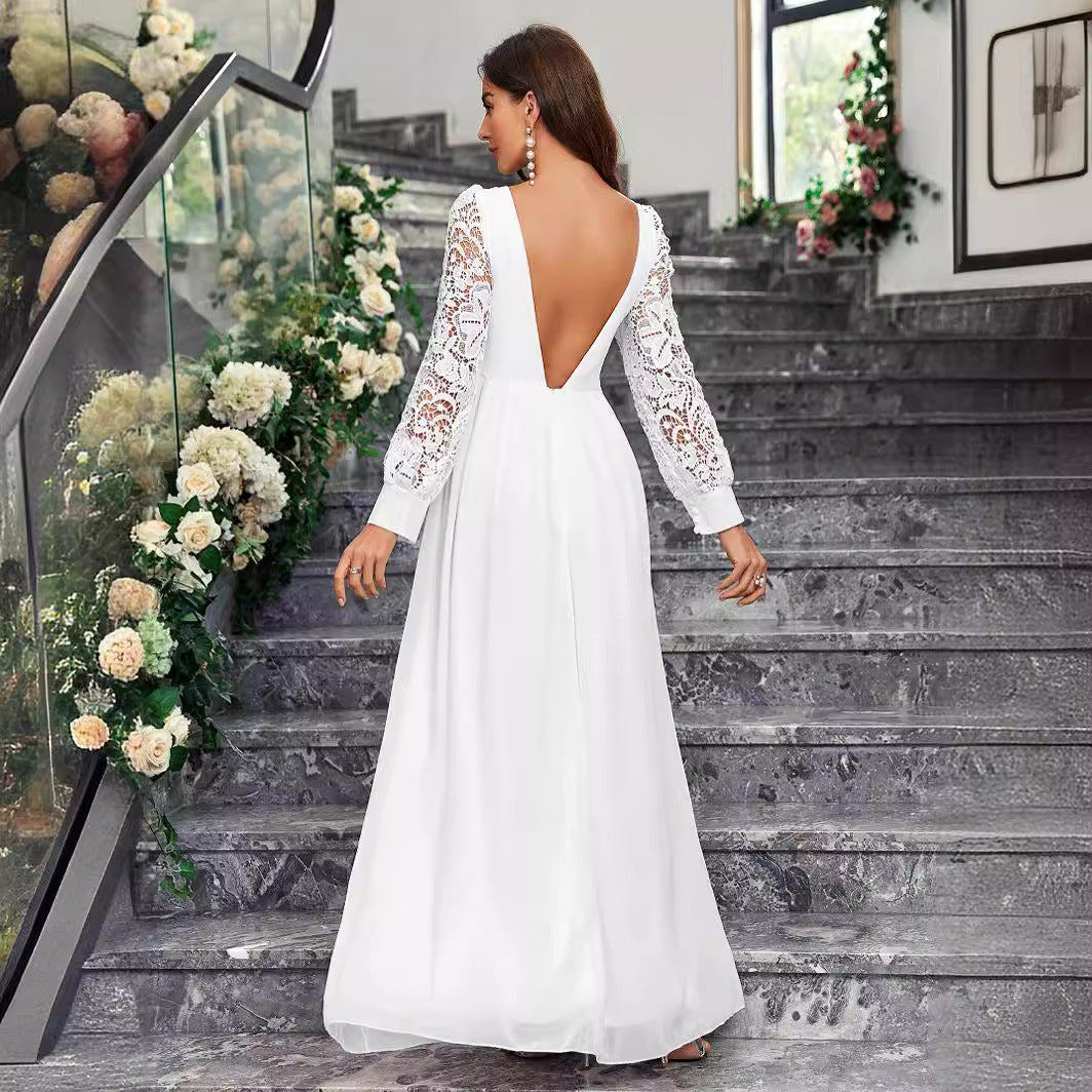 New Solid Color Elegant V-neck Slim Fit Slit Long Sleeve Dress