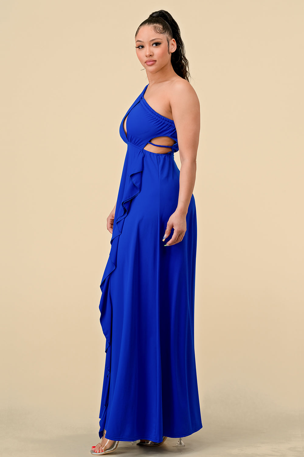 Long One Shoulder Ruffled Maxi Dress