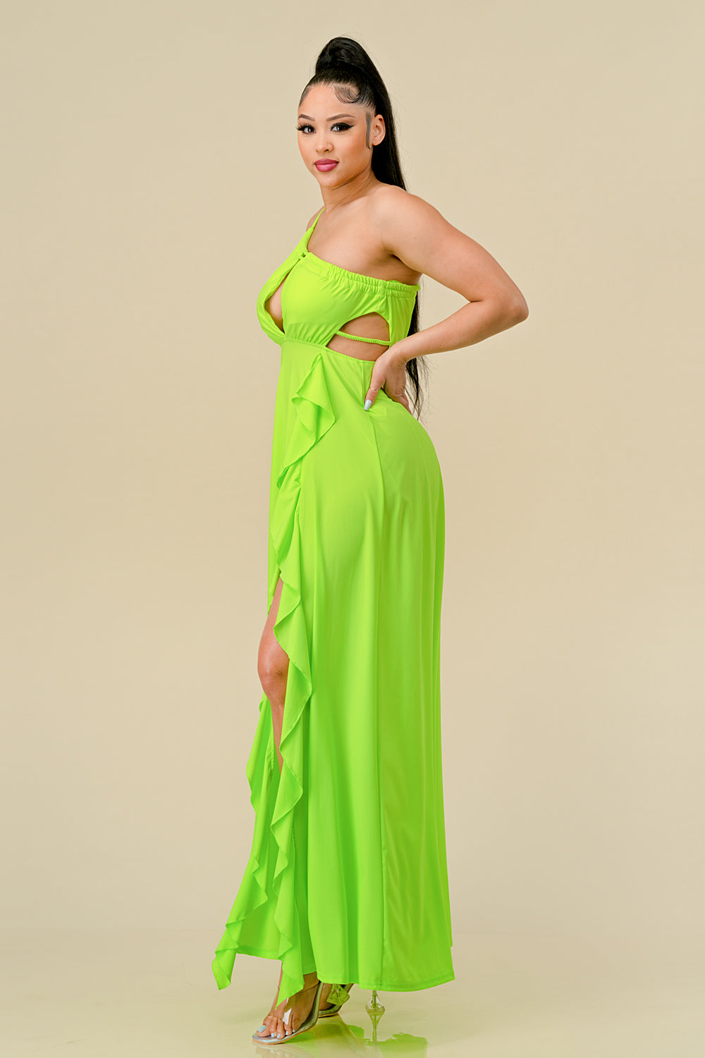 Long One Shoulder Ruffled Maxi Dress