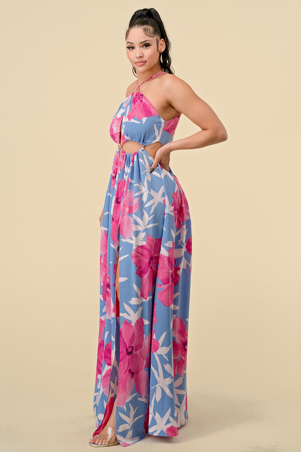 Long Halter Printed Slit Maxi Dress