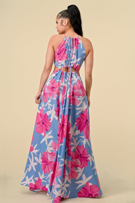 Long Halter Printed Slit Maxi Dress