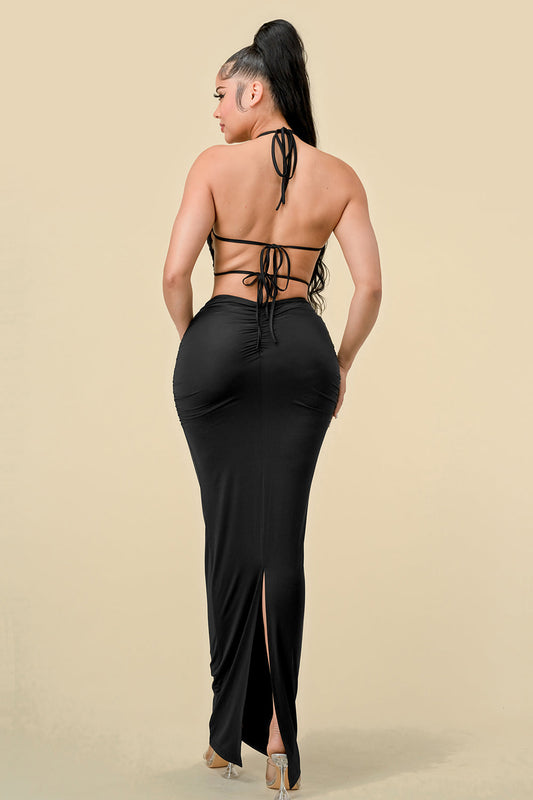 Long Halter Neck Front Twist Fitted Dress