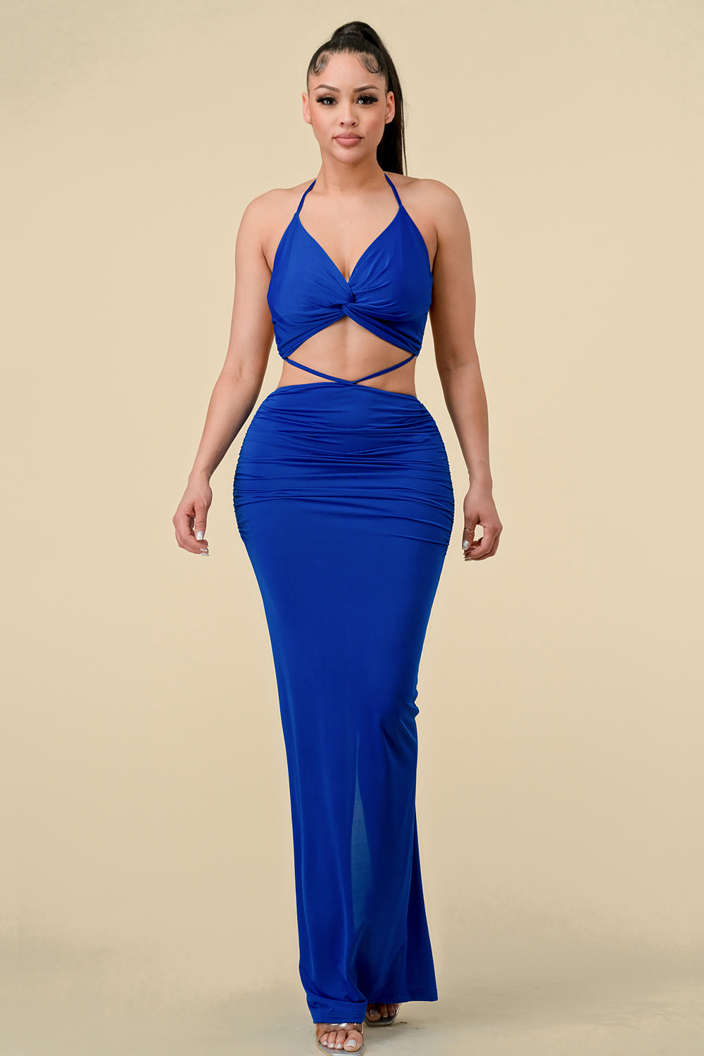 Long Halter Neck Front Twist Fitted Dress