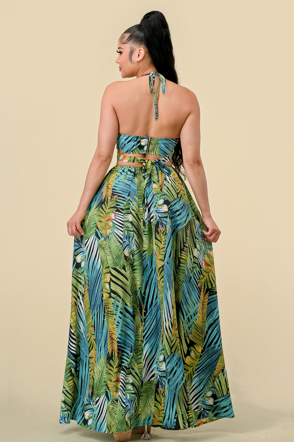 Long Halter Tropical Print Slit Dress