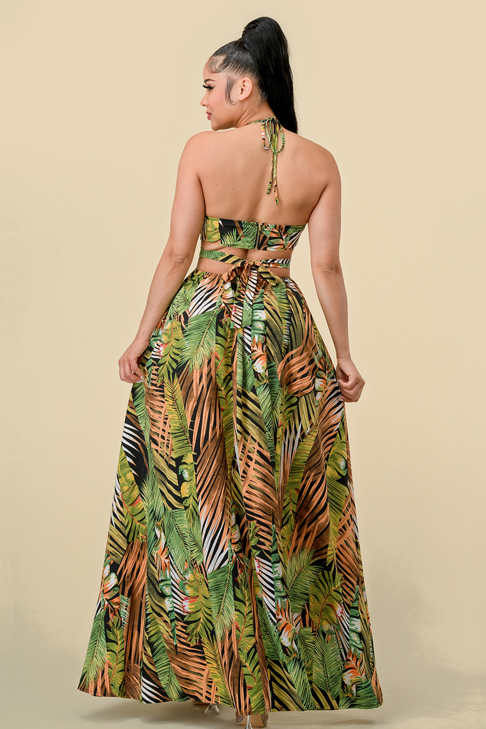 Long Halter Tropical Print Slit Dress