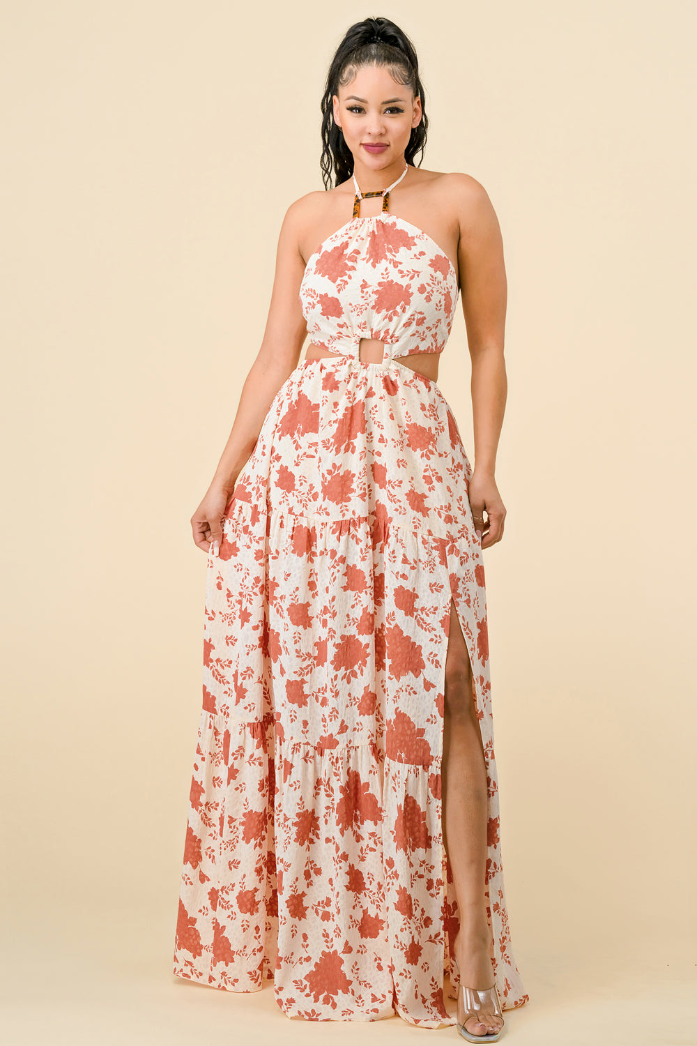 Long Halter Neck Printed Maxi Dress