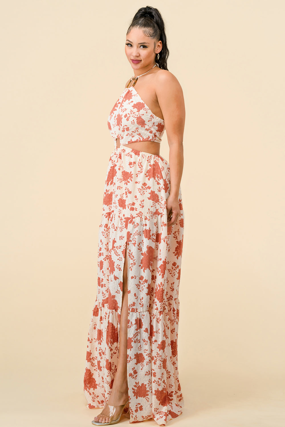 Long Halter Neck Printed Maxi Dress