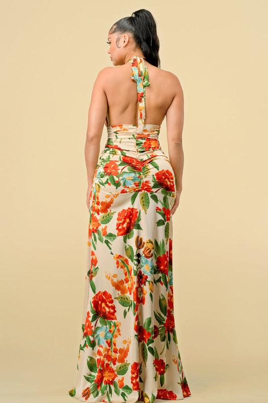 Long Halter Neck Printed Ruched Maxi Dress