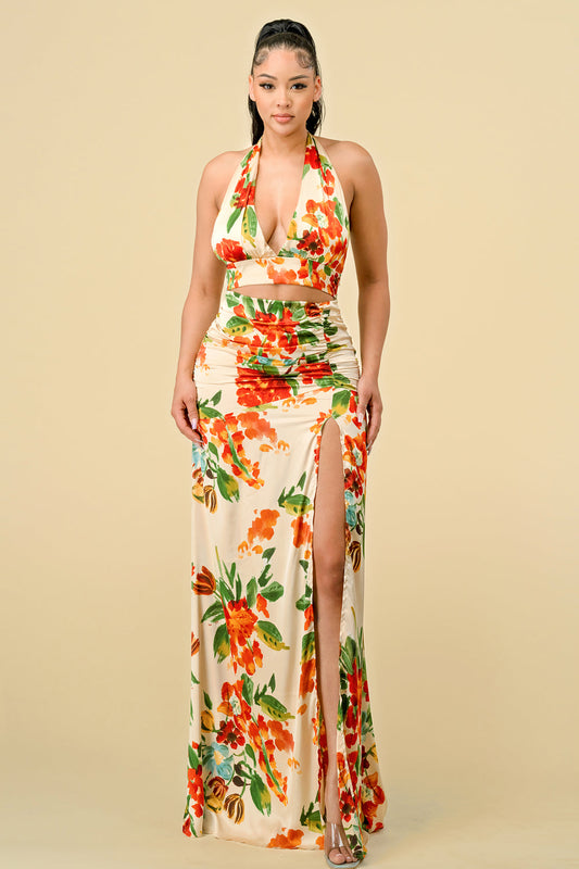 Long Halter Neck Printed Ruched Maxi Dress