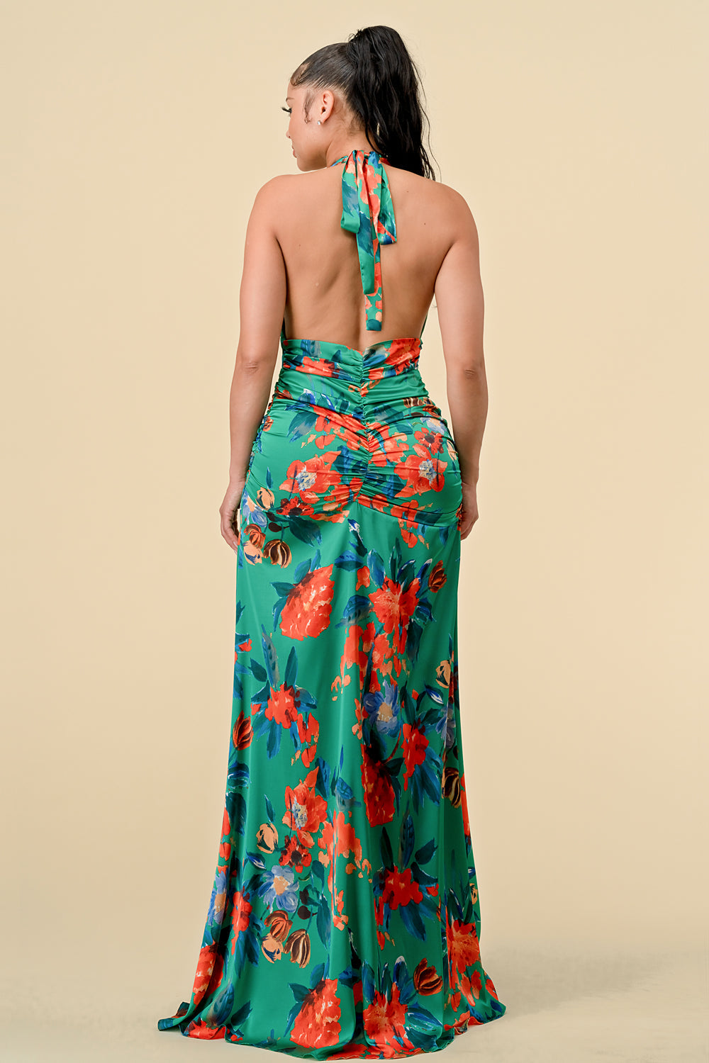 Long Halter Neck Printed Ruched Maxi Dress