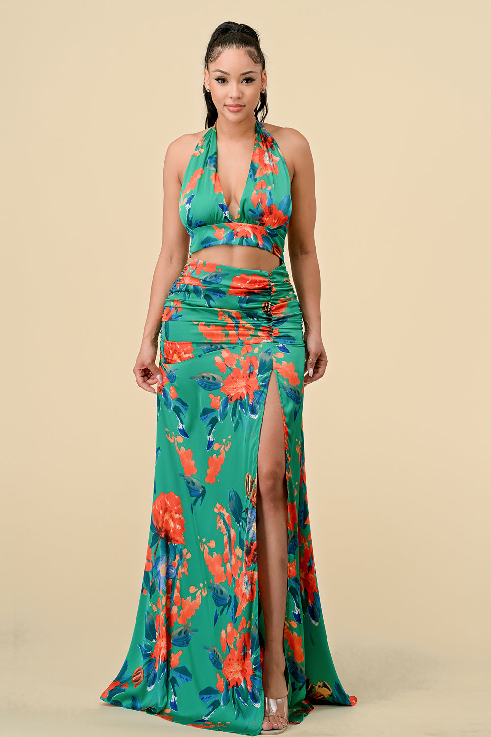 Long Halter Neck Printed Ruched Maxi Dress