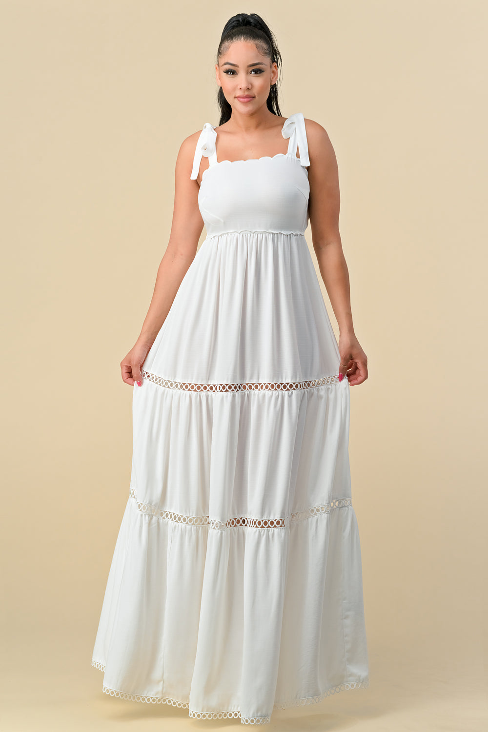 Long Shoulder Tie Scallop Maxi Dress