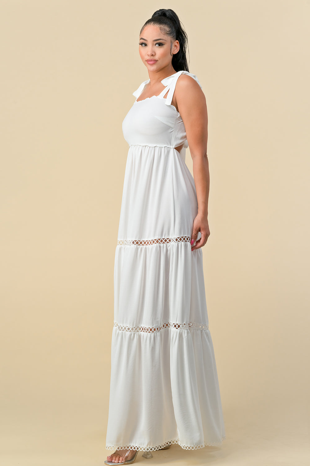 Long Shoulder Tie Scallop Maxi Dress