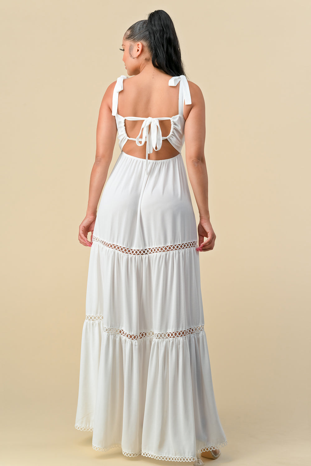 Long Shoulder Tie Scallop Maxi Dress