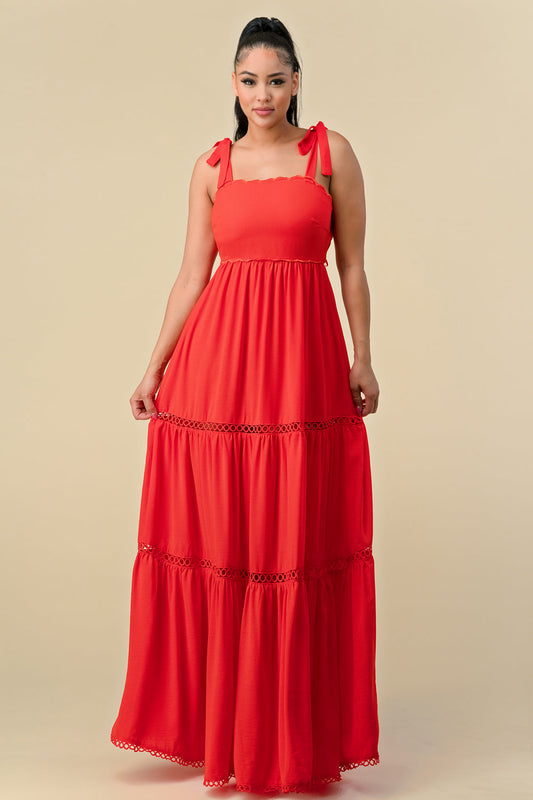 Long Shoulder Tie Scallop Maxi Dress