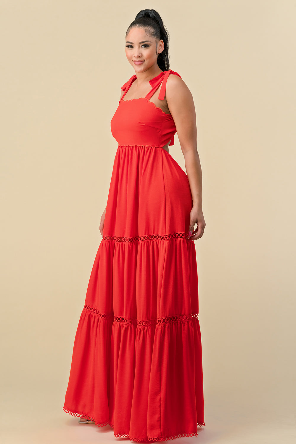 Long Shoulder Tie Scallop Maxi Dress