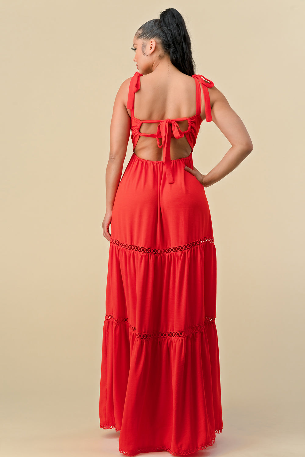 Long Shoulder Tie Scallop Maxi Dress