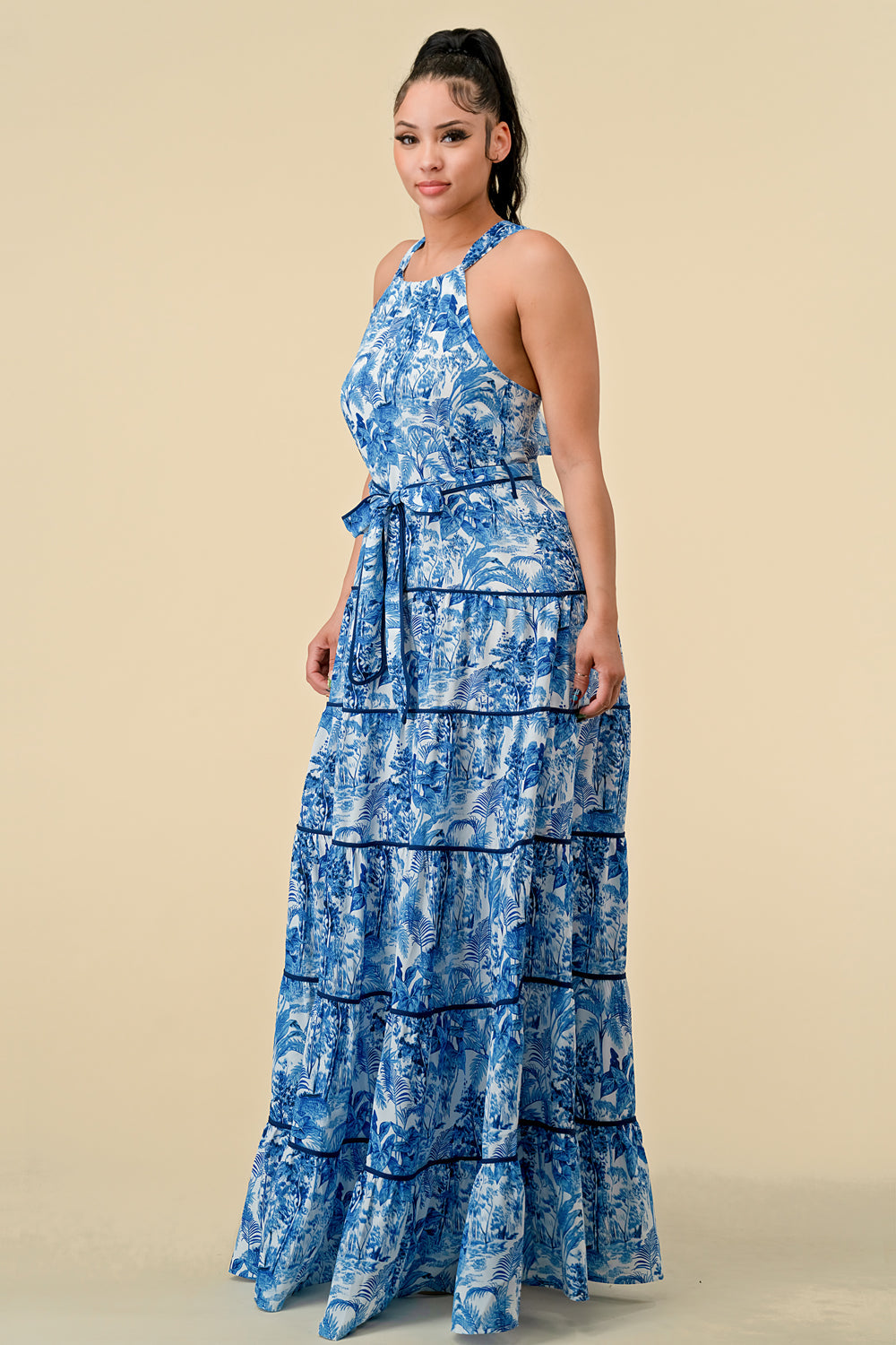 Long Halter Tiered Printed Maxi Dress