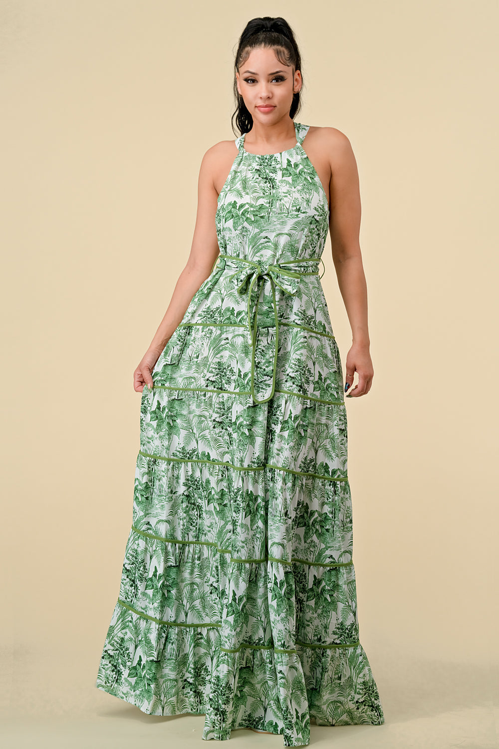 Long Halter Tiered Printed Maxi Dress