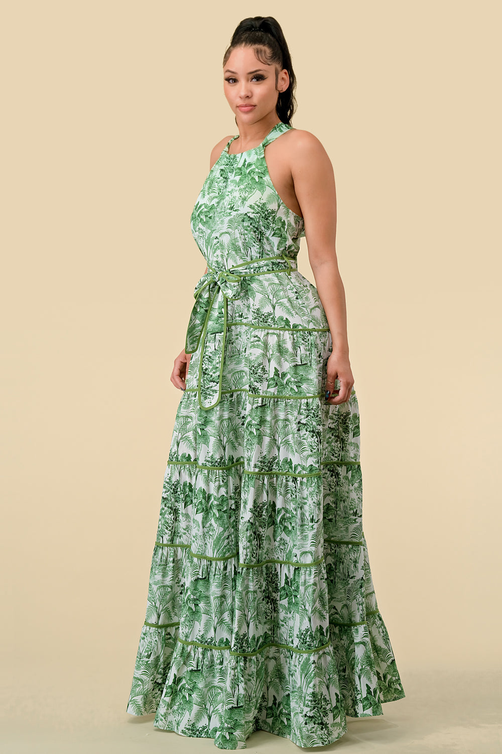 Long Halter Tiered Printed Maxi Dress